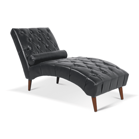 Tufted Faux Leather Chaise Lounge Chair with Curved Seat and Wood Legs, Black