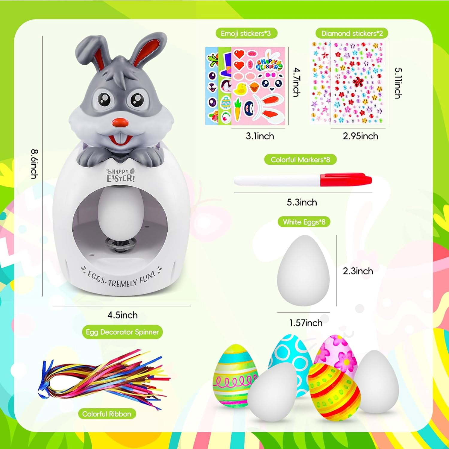 Easter Egg Decorating Kit for Kids, 32Pcs Cute Bunny Egg Decorator Rotator Gifts Crafts with Coloring Markers Fake Eggs Strings Make A Face Stickers for Party Supplies, Birthday, Egg Hunt Game