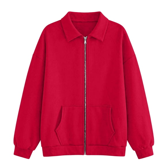 Lumtrix Womens Zip Up Sweatshirt No Hood 2026 Fall Winter Casual Loose Long Sleeve Collared Workout Jacket With Pockets Red L
