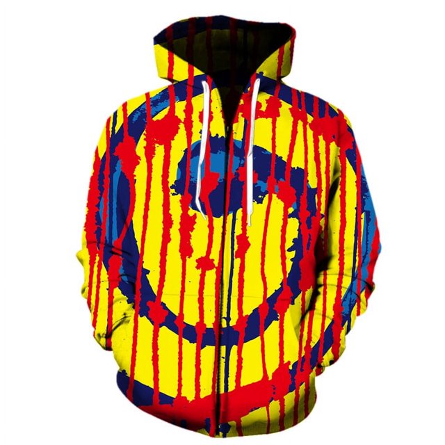 Sudadera con capucha y cremallera con estampado abstracto artístico para hombre, con estampado geométrico 3D colorido, de manga larga, estilo informal, estilo Harajuku