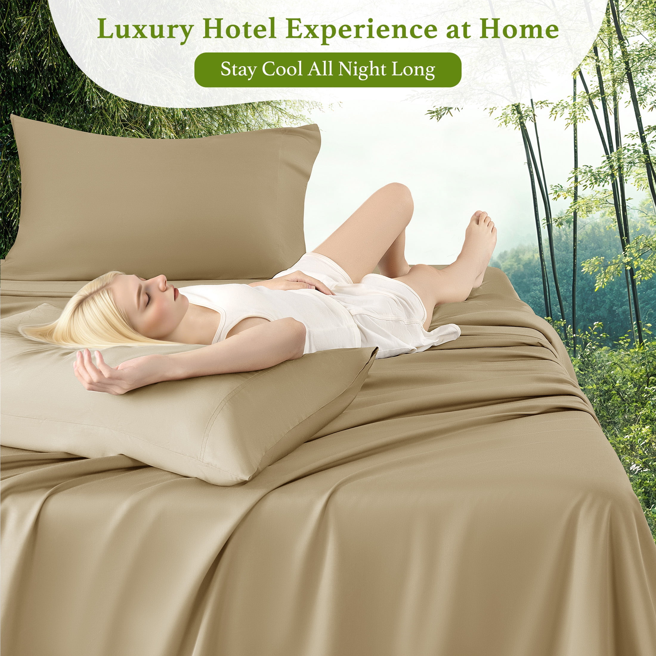 Baauye Cozy Bamboo Sheets Set, 4-Piece King Sheet Set with 16" Deep Pockets, Soft and Breathable Bed Sheets, Beige