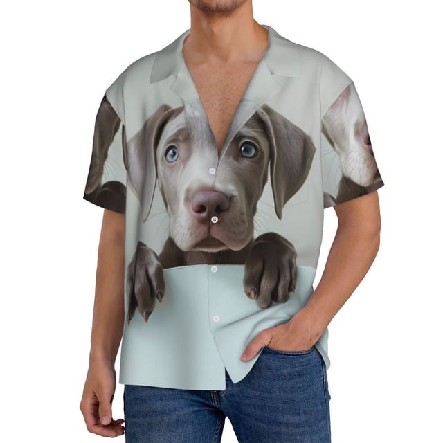 Balery Adorable Puppy Portrait Camisa Casual de Manga Corta con Botones para Hombre, Texturizada, Estilo Cubano, para Playa, Verano-Large