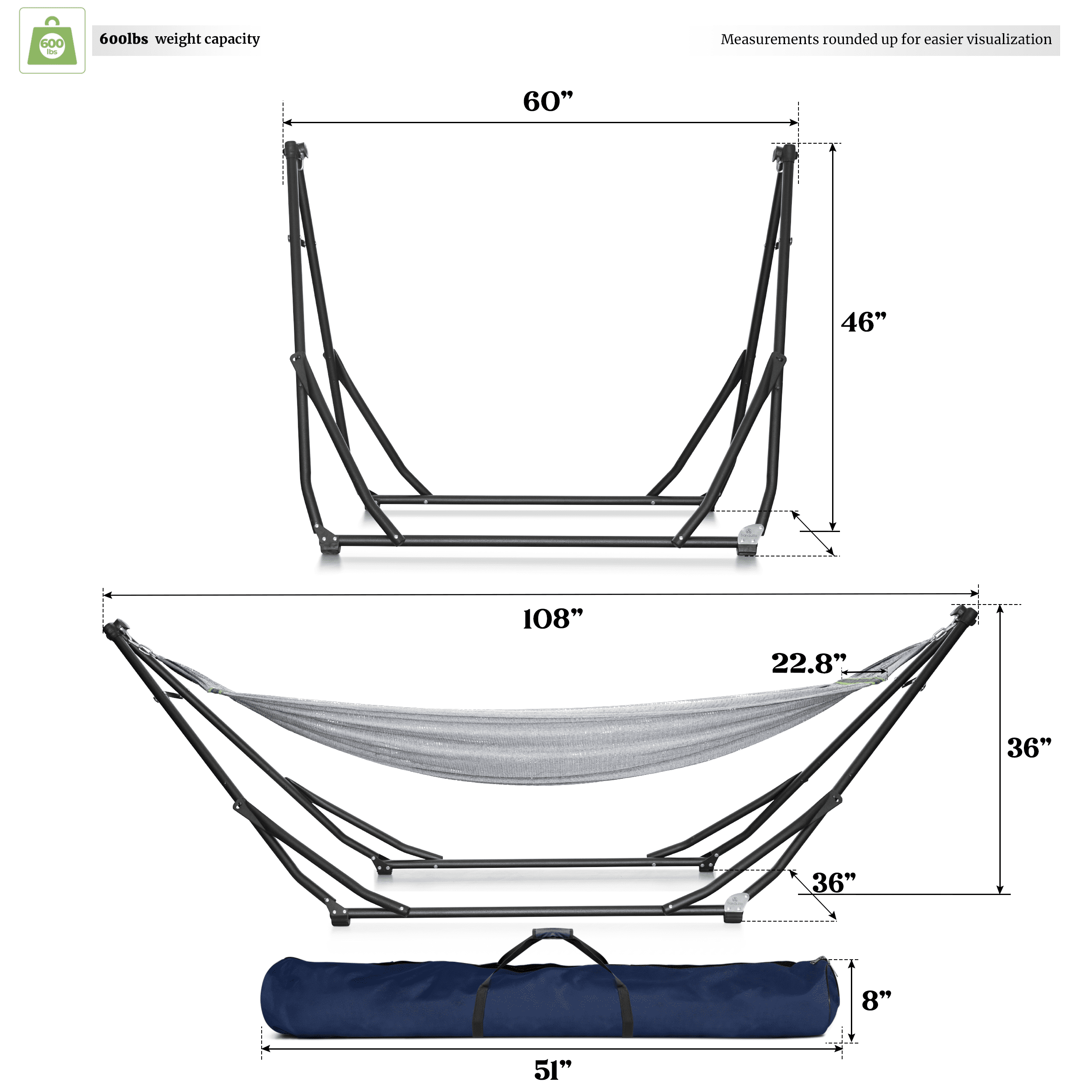 Tranquillo UniGen Hammock, Hammock Stands Heavy Duty Indoor/Outdoor Hammock with Signature Steel Stand, 600lbs Premium Foldable, Durable 2-Layered Soft Polyester, Grey