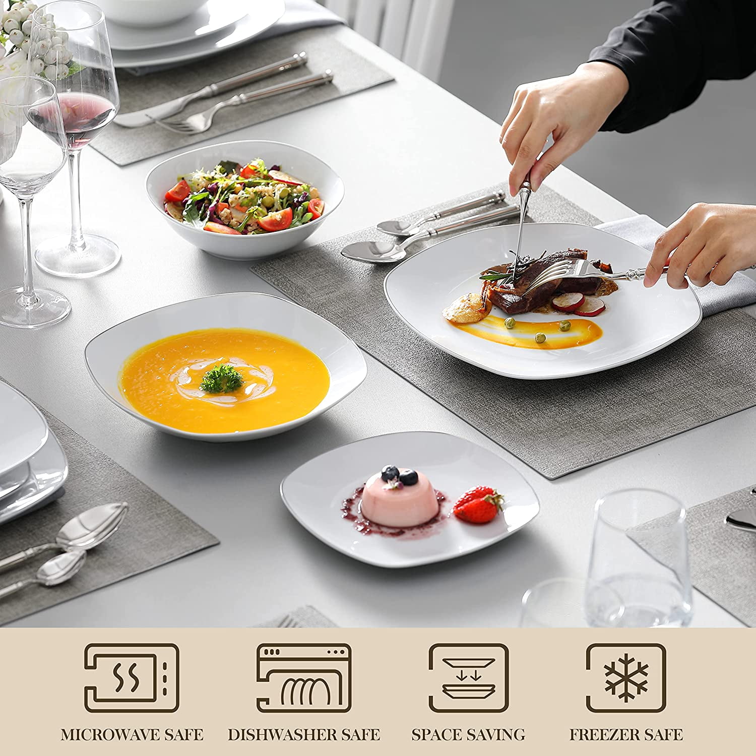 MALACASA Porcelain Dinnerware Sets, 24 Piece Round White Dishes With Silver Line, Dish set Service for 6, Series ELISA
