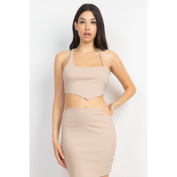 Asymmetrical Cross Back Top & Skirts Set Light Taupe ' L