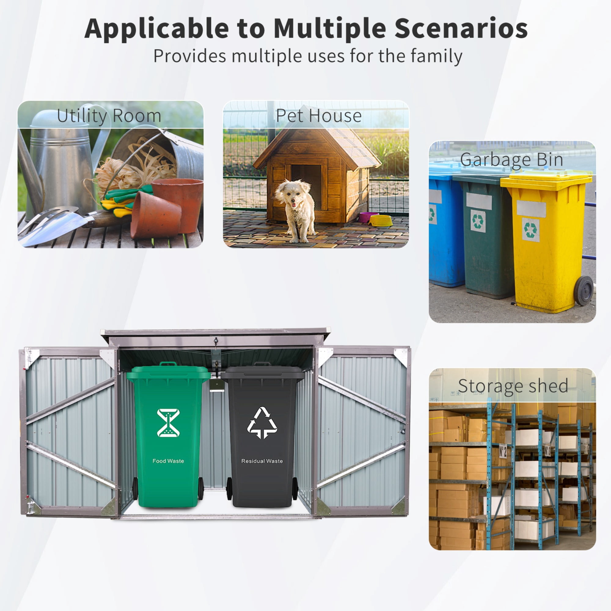 JXXRZ Metal Garbage Bin Shed for 2 Trash Cans with Lockable Doors and Lids,Galvanized Steel Garbage Bin Storage Shed for Garden Yard Lawn, Grey