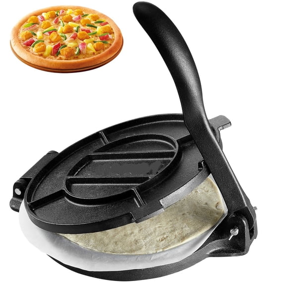 Tortilla Press 10 Inch - Cast Iron Tortilla Maker & Roti Press - Pre-Seasoned Pataconera with 100 Parchment Papers - Flour Tortilla Dough Press for Tawa