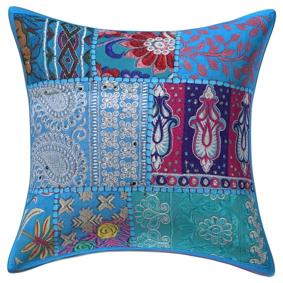 Stylo Culture Indian Cotton Home Decor Throw Pillow Sham Cover Turquoise 12x12 Bohemian Vintage Patchwork Indian Couch Cushion Cover 30 x 30 cm Living Room Abstract Square Pillowcase | 1 Pc