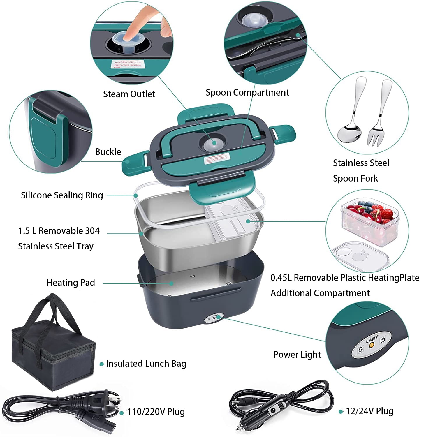 AXOMRFC Electric Lunch Box, Portable Food Warmer Heated Lunch box, Heated Lunch Boxes for Adults, Bento Box Food Heater for Office, Car, Home