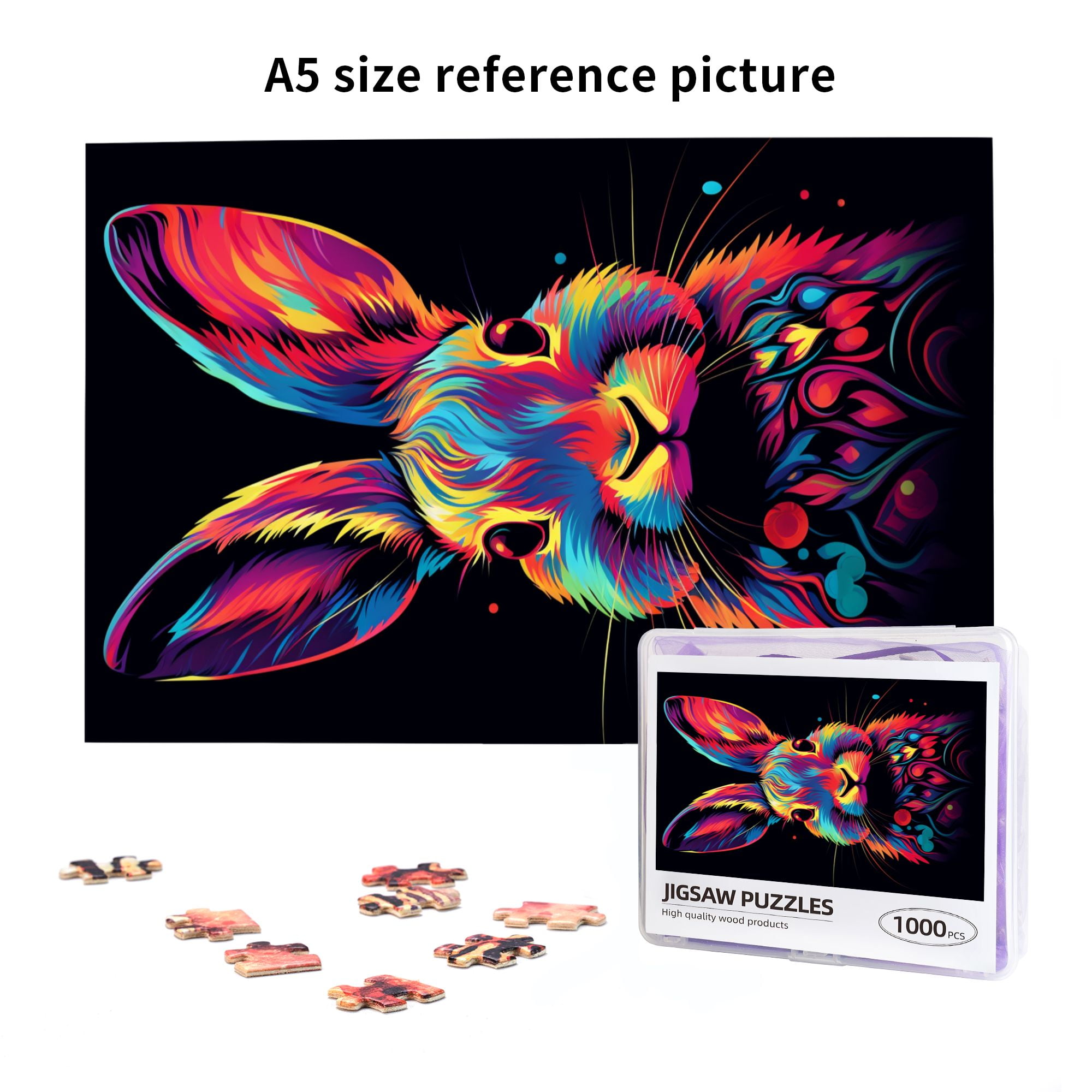 1000 pcs Cute Colorful Rabbit 1000 Piece Wooden Puzzles,Stunningly Vibrant Colors,Funny Artwork for Animal,Enchanting Colorful Rabbit Stress relieving pleasure 1000 Piece,Stress relieving pleasure