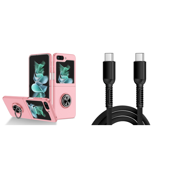 BEMZ Magnetic Holder Polycarbonate Case for Galaxy Z Flip 5 Bundle with 30W USB-C to USB-C Charging Sync USB Cable - 6 Foot - Light Pink