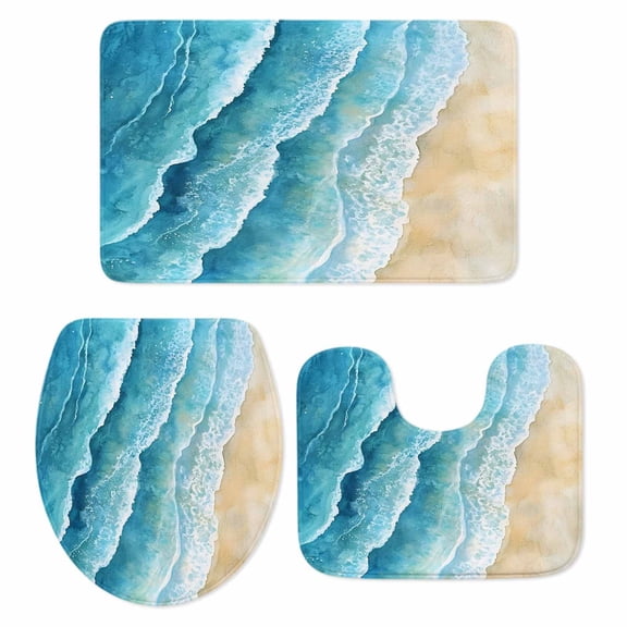 Aqua Coastal Bath Mat 3 Piece Bathroom Rug Set, Nautical Summer Beach Ocean Beige Non Slip Bath Rug Contour Mat and Toilet Lid Cover, Absorbent Shower Mats Soft Bath Rugs and Mats Sets