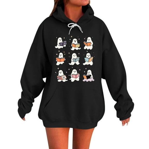 Moxiu Halloween Sweatshirt Women Ghost Hoodies Long Sleeve Oversized Hooded Sweatshirt Spooky Season Pullover Tops Black,XXL