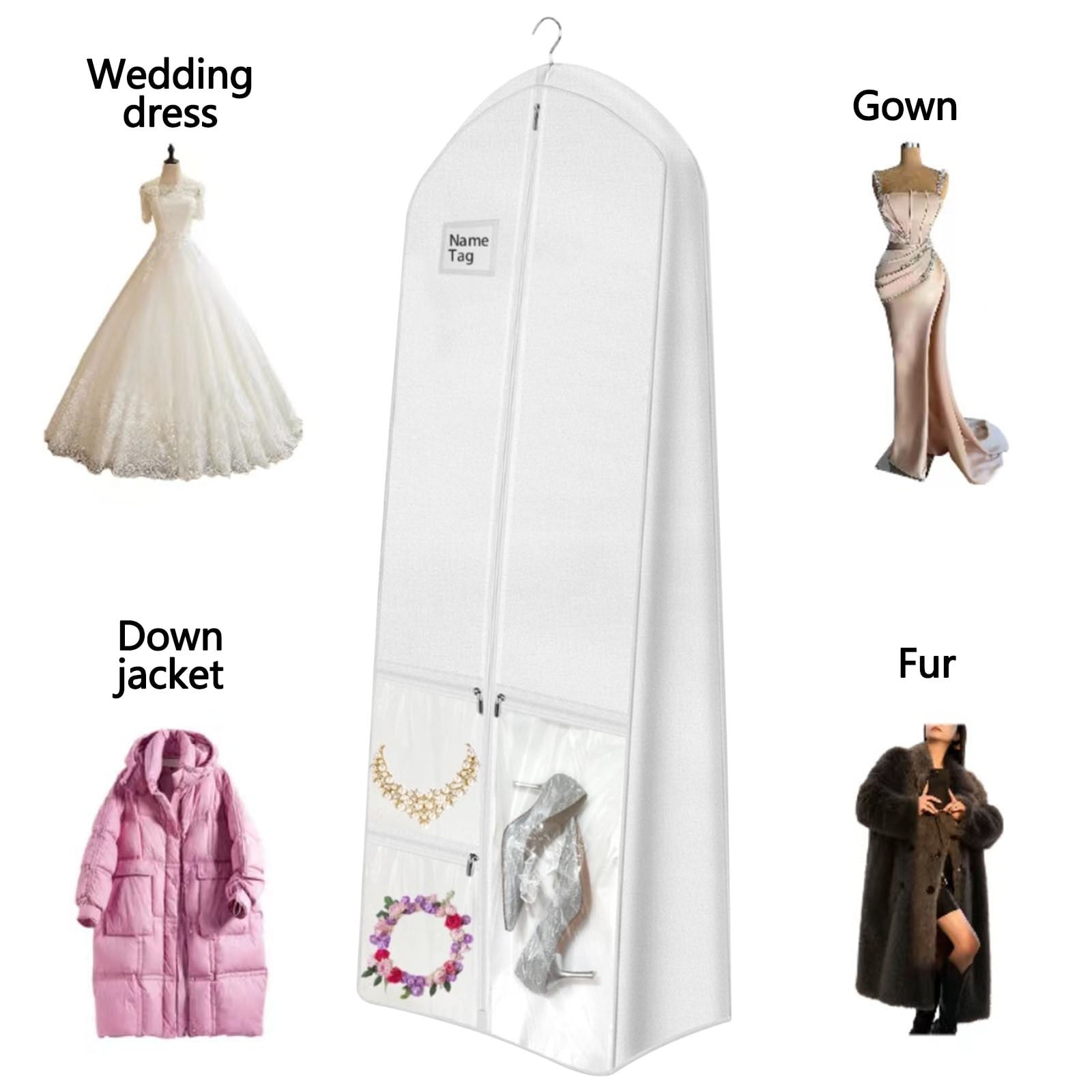 HCBY 71" Wedding Dress Garment Bag with 3 Clear Pockets, Breathable Non-Woven Long Gown Cover with Matching Tote Bag, for Bridal Gowns, Formal Dresses