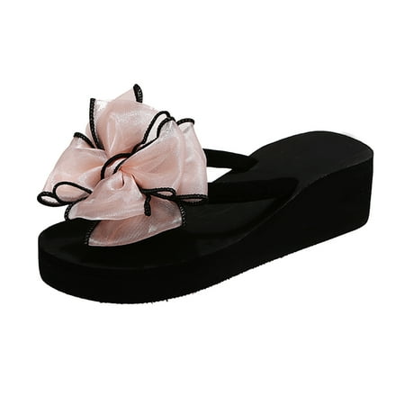 

Youmylove Women Slippers Fashion Cloth Bow Wedge Slippers Outer Wear Clip-toe Flip Flops Leisure Ladies Cozy Daily Walking