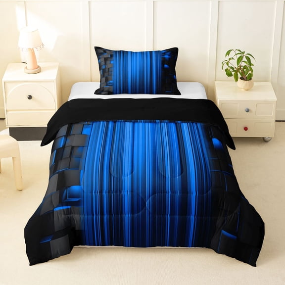 Manfei 3D Neon Stripes Twin Comforter Sets, Vertical Lines Bedding Set, Blue Black, Black Reversible 2-Piece, 1 Comforter and 1 Pillowcase