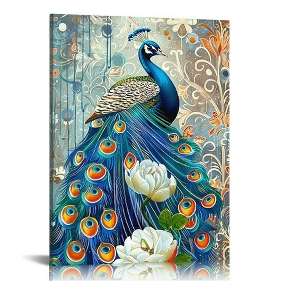 Acheng Abstract Peacock Wall Art Print on Canvas Canvas Vintage Blue White Animal Art Painting Living Kitchen Bedroom Decor- Aesthetic Framed Wall Art Home Art Premium decor 12x16 in