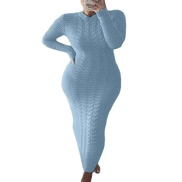 Robe Tricotée à Manches Longues pour Femmes Motif Crochet Unie Côtelée Robe Décontractée