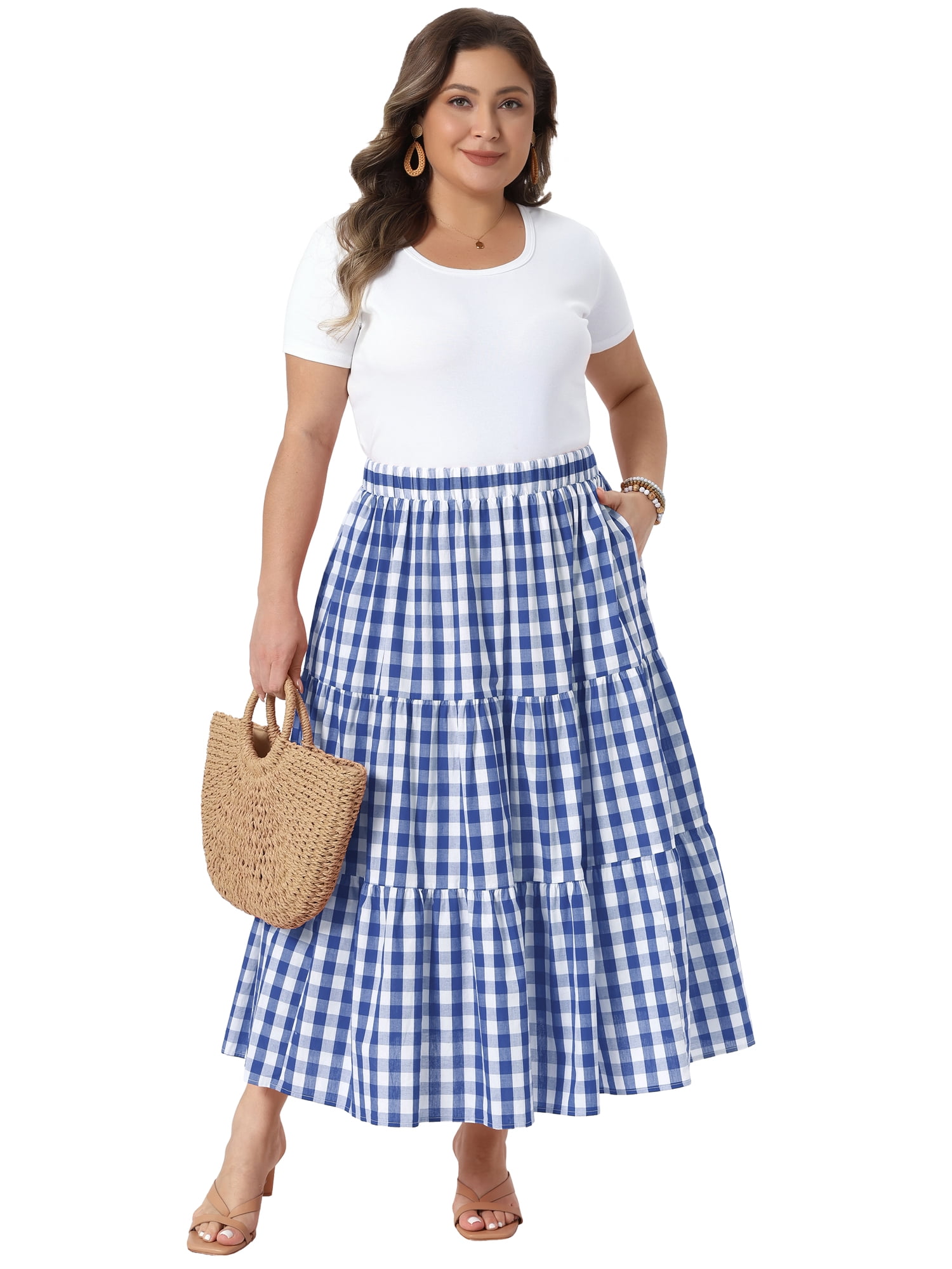DARING DIVA Women's Plus Gingham Tiered Layer A Line Skirts 4X Blue