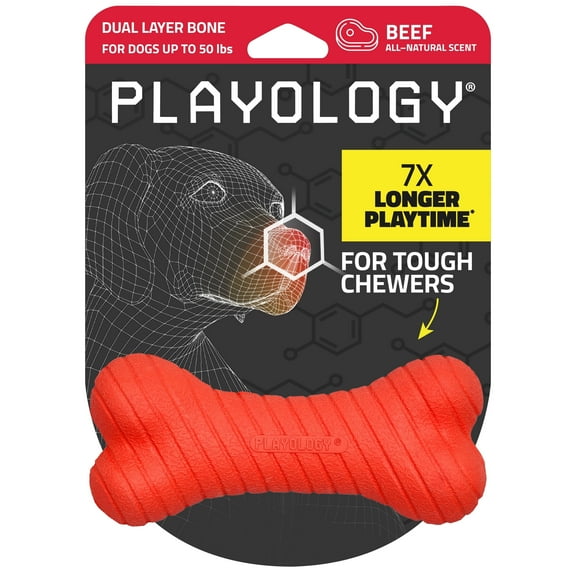 Playology Dog Toys | Durable Chew Toy Dual Layer Bone, Beef Scented Toy - Medium
