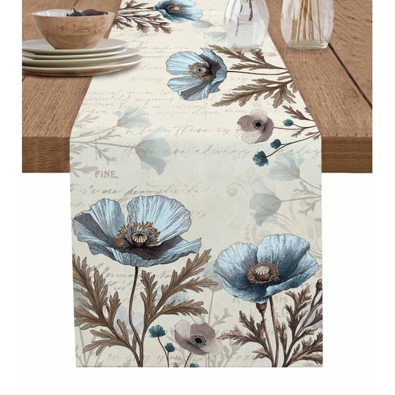 Ldtrchee Vintage Flowers Table Runner 72 Inches, Teal Blue Floral Brown Butterfly Leaf Bed Runner Dresser Scarves Tabletop for Indoor Outdoor Parties/Ceremony/Banquet, 14" x 72"