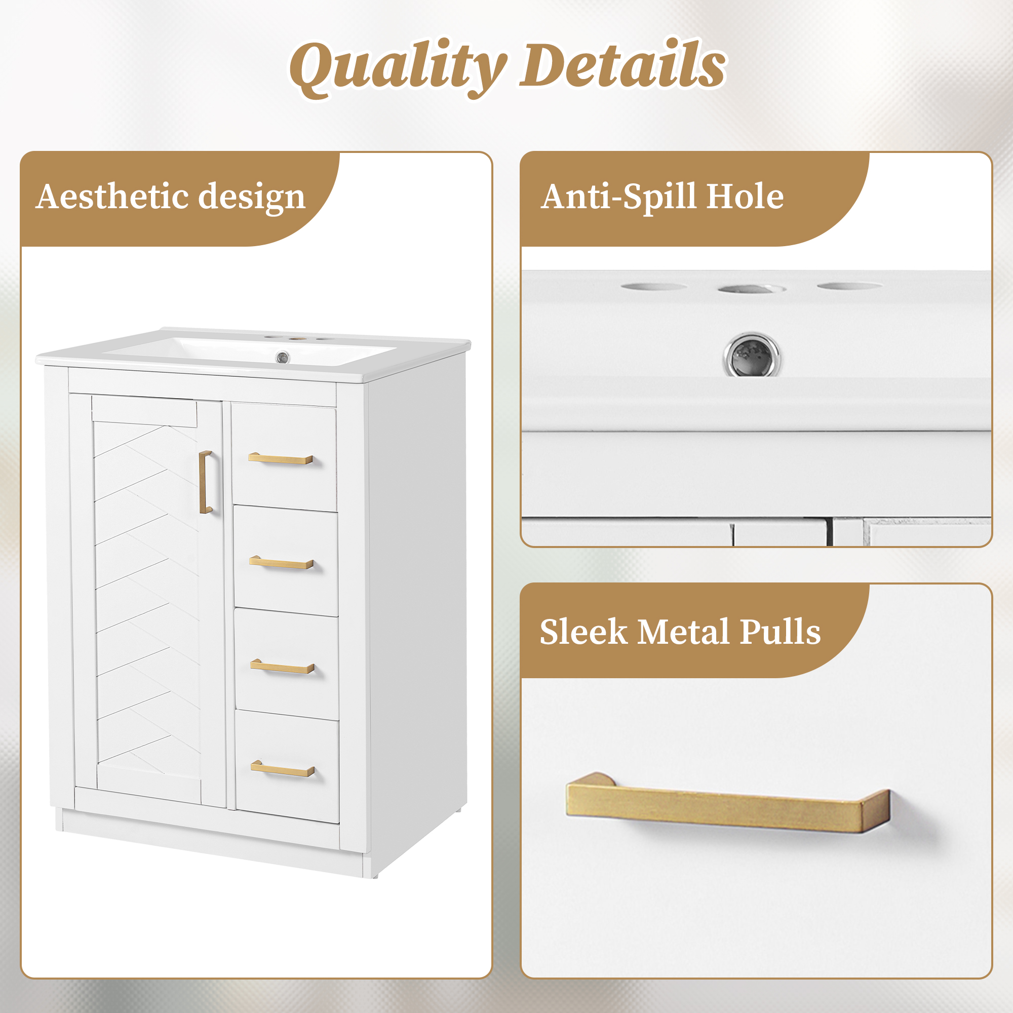 Euroco 24" Bathroom Vanity with Integrated Ceramic Sink, Bathroom Cabinet with 1 Door, 3 Drawers, Single Sink Bathroom Vanity for Small and Medium Restroom, White
