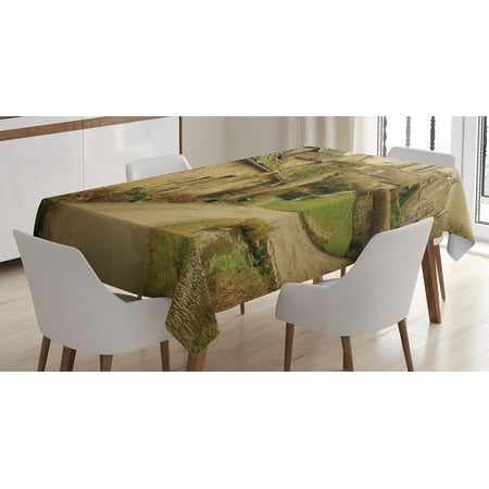Farm House Decor Tablecloth, British Town with Stone Houses Retro England Countryside Buildings Image, Rectangular Table Cover for Dining Room Kitchen, 60 X 84 Inches, Grey Green, by