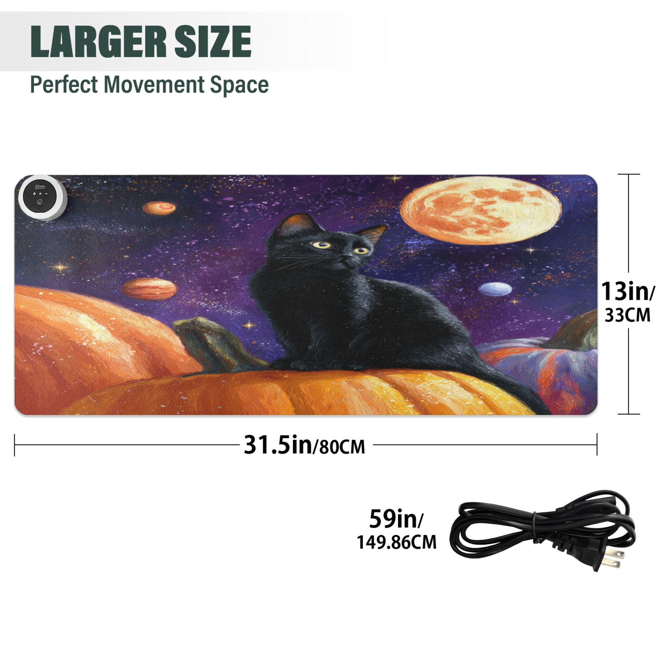 Large Heated Desk Mat Mouse Pad 31.5"x13"PU Leather Graphene Heating Desk Warmer with 3 Temperature Settings 110V US Plug Non-Slip Warm Pad for Home, Office, and Gaming Black Cat Pumpkin and Planet