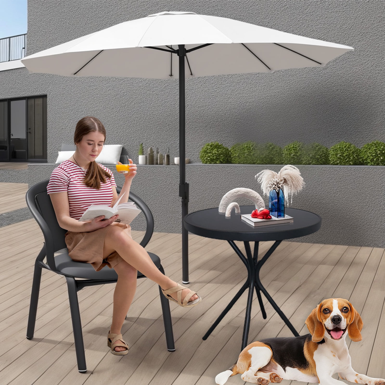 AstrPthylx 23" Outdoor Round Coffee Side Table - Tempered Glass Top, Metal Bistro & End Table for Patio, Balcony, Home