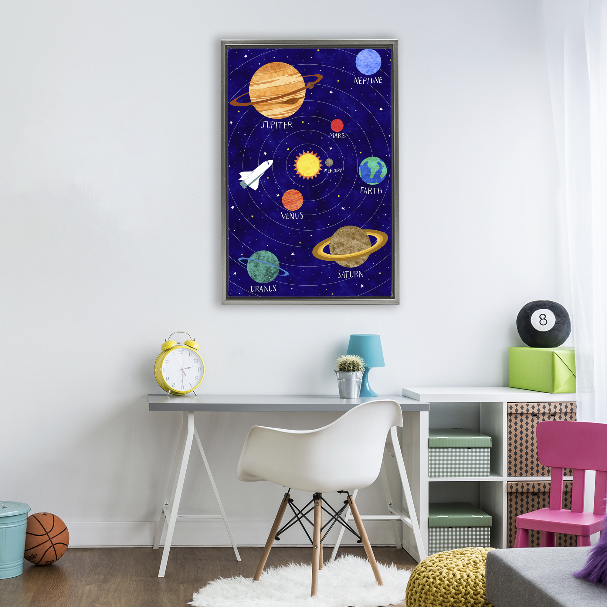 Solar System Education Gray Framed Floater Canvas Wall Art, design by Elizabeth Caldwell