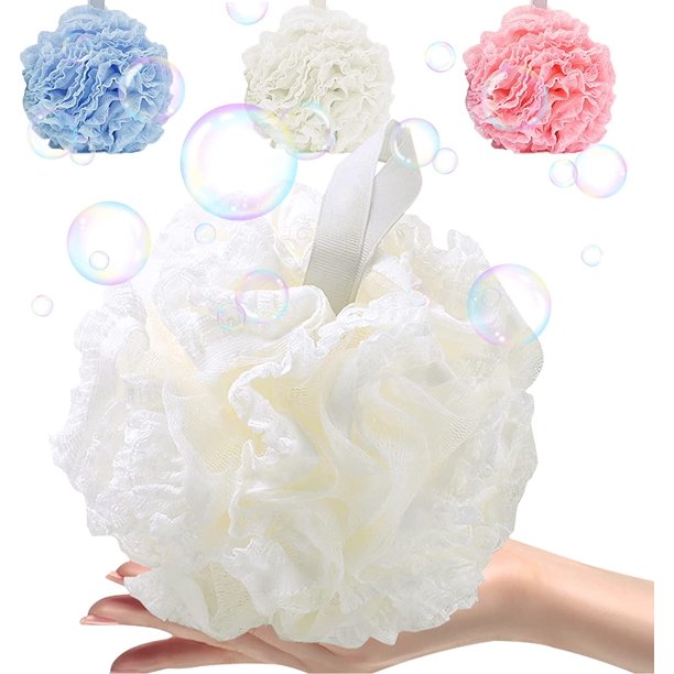 3 Esponjas de ducha de malla XL grandes y suaves Flores de baño espesas Bolas de lufa de malla blanca Rosa azul para gel de baño Espuma exfoliante Peel Scrub esquí esquí Gafas de esquí