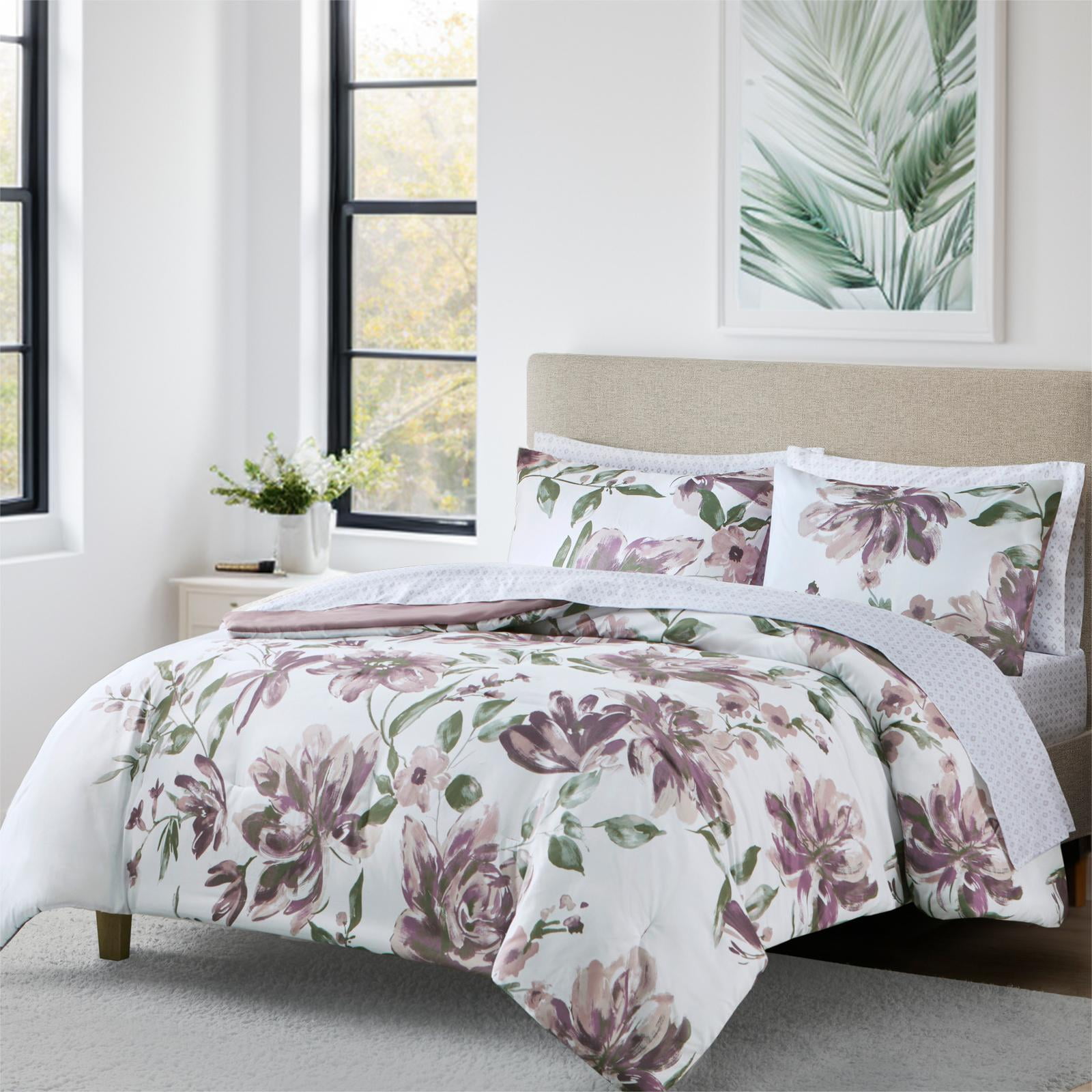 Madison Park Essentials 7 Piece King Floral Comforter Set, Soft Brushed Bed in A Bag with Bed Sheets, Spring Lavender Comforter Bed Set, Bedding Sets with Flat Sheet and Fitted Sheet for Girls