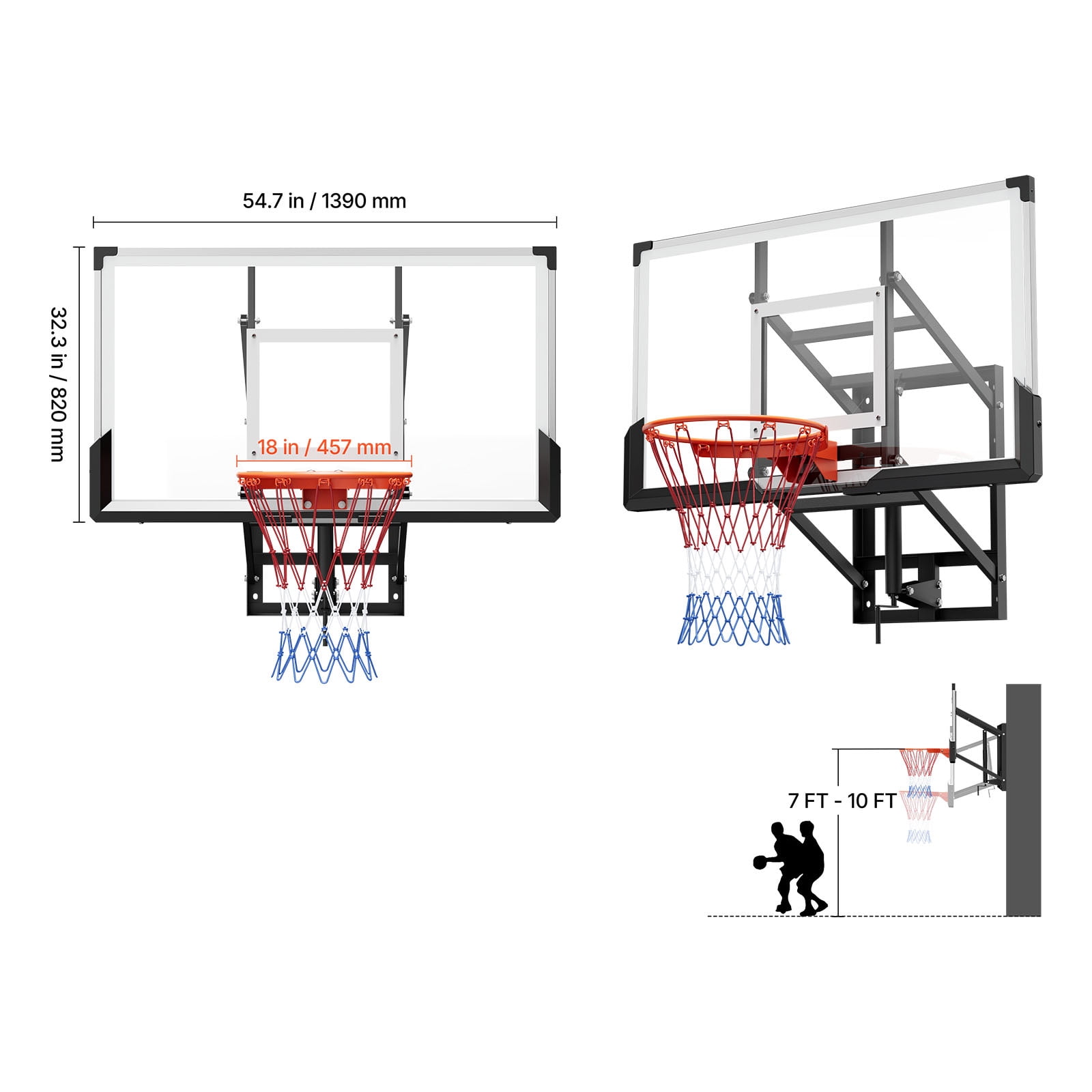 KFFKFF Wall-Mounted Basketball Hoop, 54-inch Polycarbonate Backboard with Hand-Crank Height Adjustment, Durable 0.11-inch Thick Backboard, Classic Design for Indoor and Outdoor Play