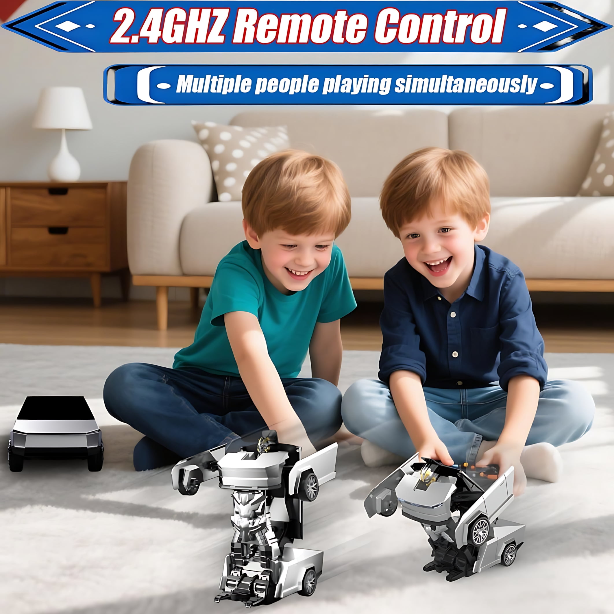 Cybertruck Remote Control Car, 1:18 Scale RC Truck with One-Button Deformation, Transform Robot Toy for Kids Ages 4-12, LED Lights