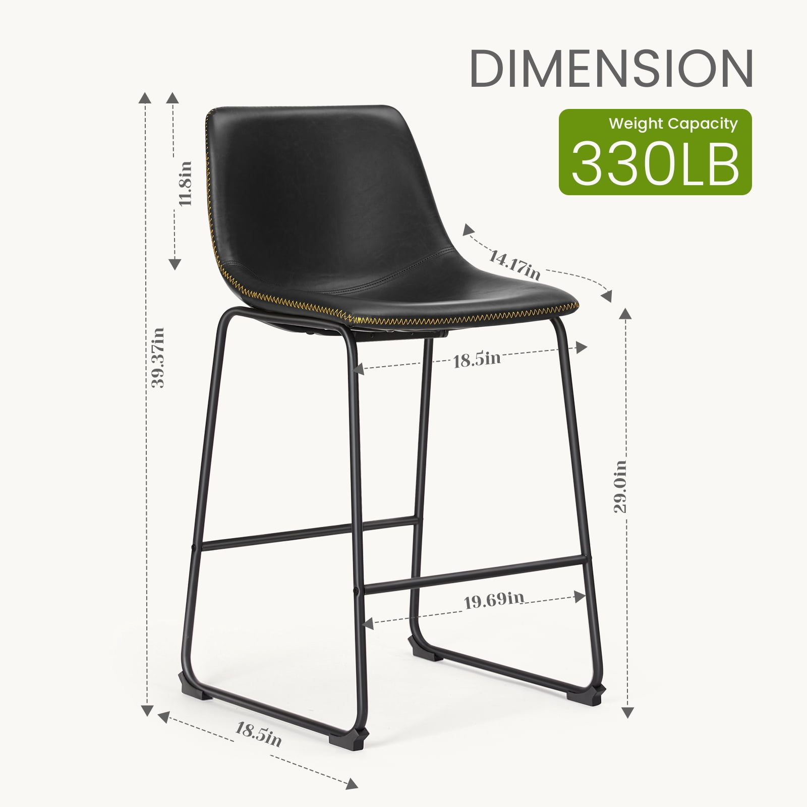 JOINSUN Set of 2 Modern Counter Stool, 30 inch Counter Height Bar Stools With Metal Legs, Footrest, Black