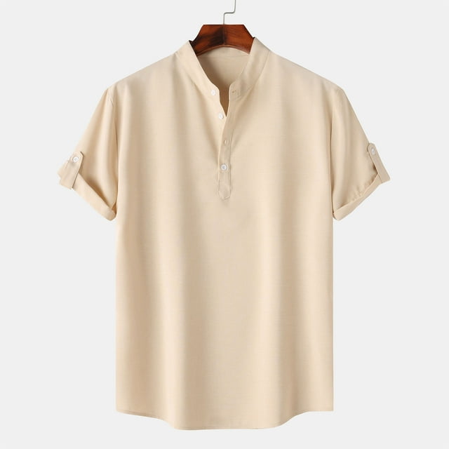 SDNall Men Casual Solid Stand Collar Short Sleeve Button Closure Shirt Hawaii Blouse