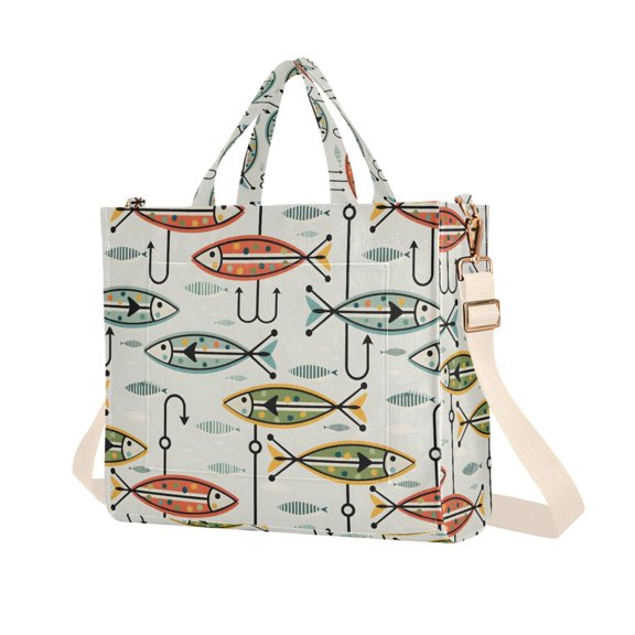 FORMRS Womens Corduroy Tote Bag Crossbody Shoulder Purse Handbag with Detachable Strap, Abstract Fish Pattern