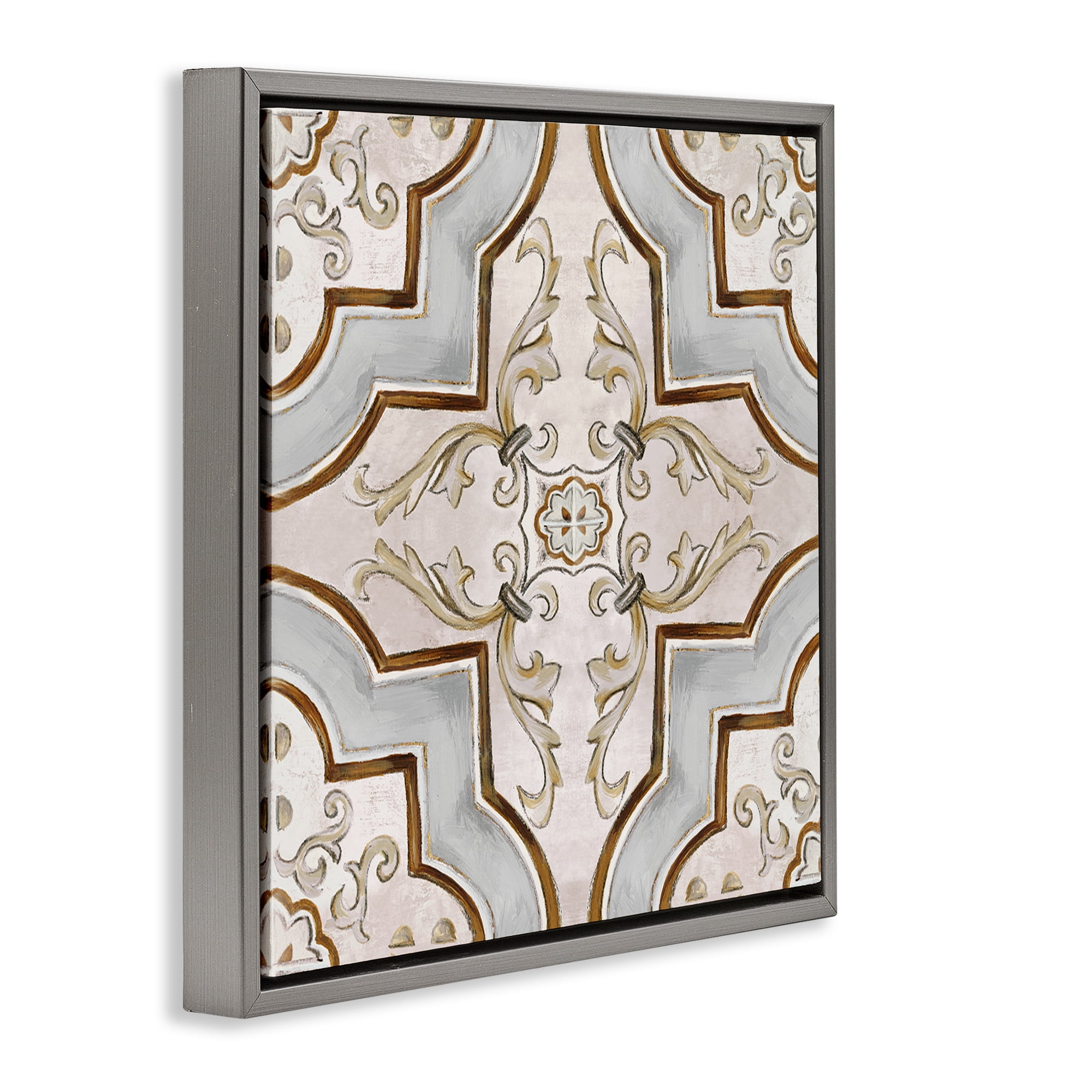 Stupell Industries Classic Symmetrical Tile Abstract Painting Gray Floater Framed Canvas Art Print Wall Art, 18 x 18