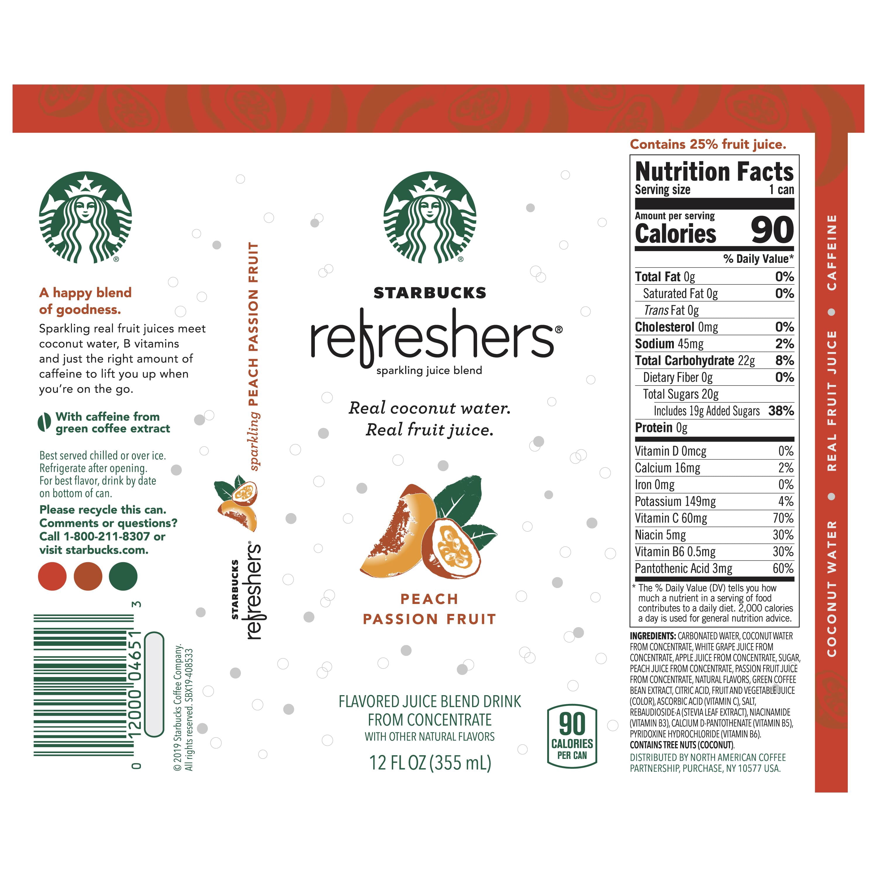 Starbucks Refreshers Sparkling Juice Blend Drink Peach Passion Fruit Flavored 12 fl oz Can