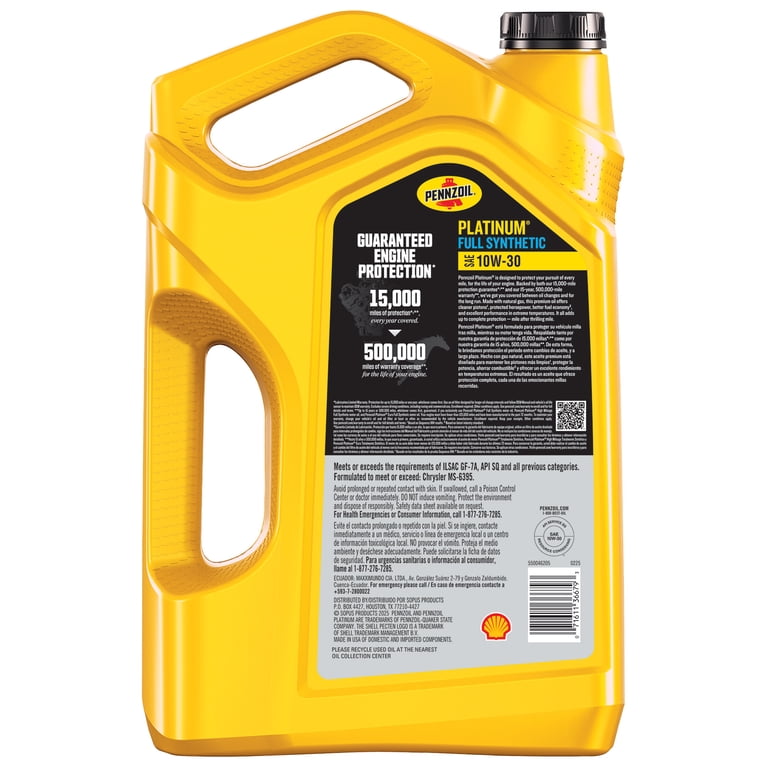Pennzoil Platinum Full Synthetic 10W-30 Motor Oil, 5 Quart