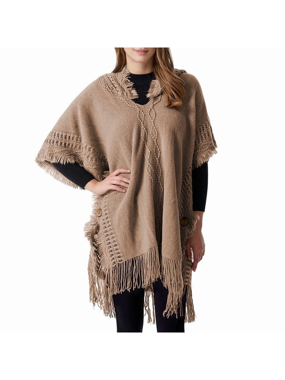 Women'S Cable Knit Poncho Sweater Casual Hooded Pullover Ponchos with Decorative Buttons Khaki One size