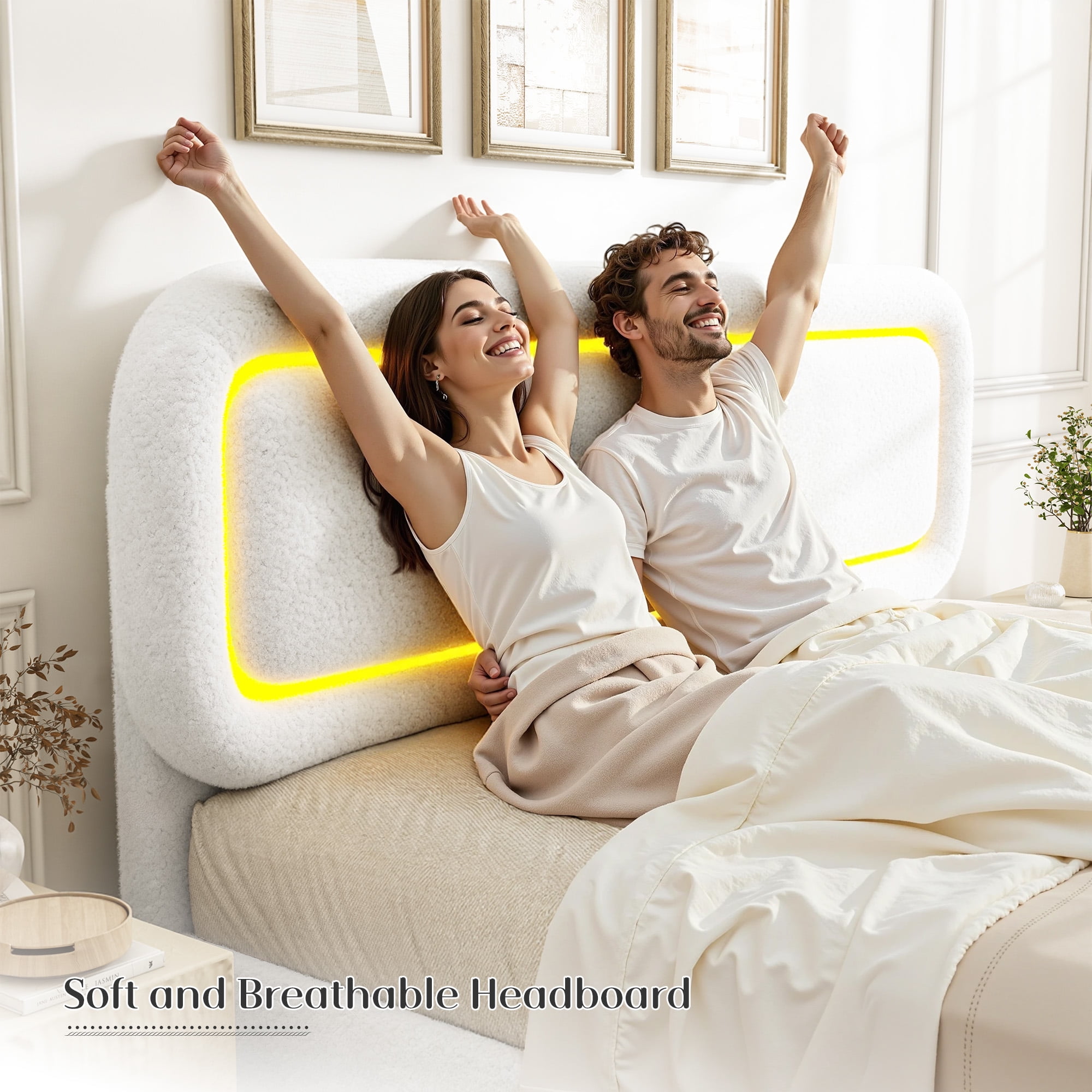 EnHomee Boucle Bed Frame with Rounded Corner Cloud Bed Frame with Headboard Upholstered Bed Frame Full Size ,White