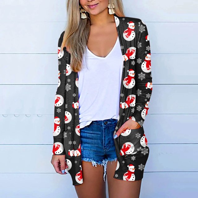 Puntoco Moda para mujer Abrigo con estampado navideño Cárdigan de manga larga con bolsillo Blusa informal suelta tops Liquidación Puntoco Puntoco-2265