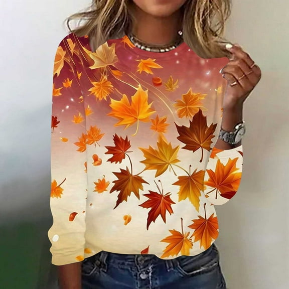 QUNYINEY Thanksgiving Day Women Tshirts Long Sleeve Maple Leaf Crew Neck Tops Loose Fit Pullover Graphic Tees