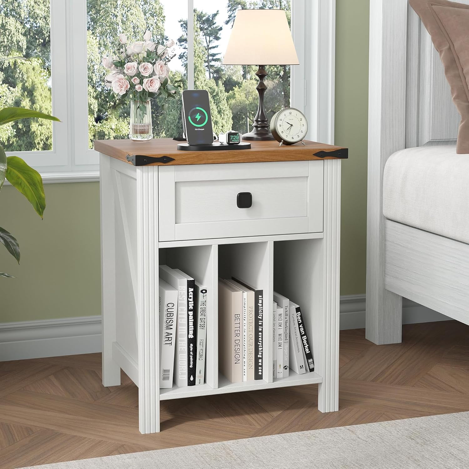 VEANERWOOD Nightstand with Drawers and Charging Station, Farmhouse Vinyl Record Storage Cabinet End Table for Bedroom Living Room