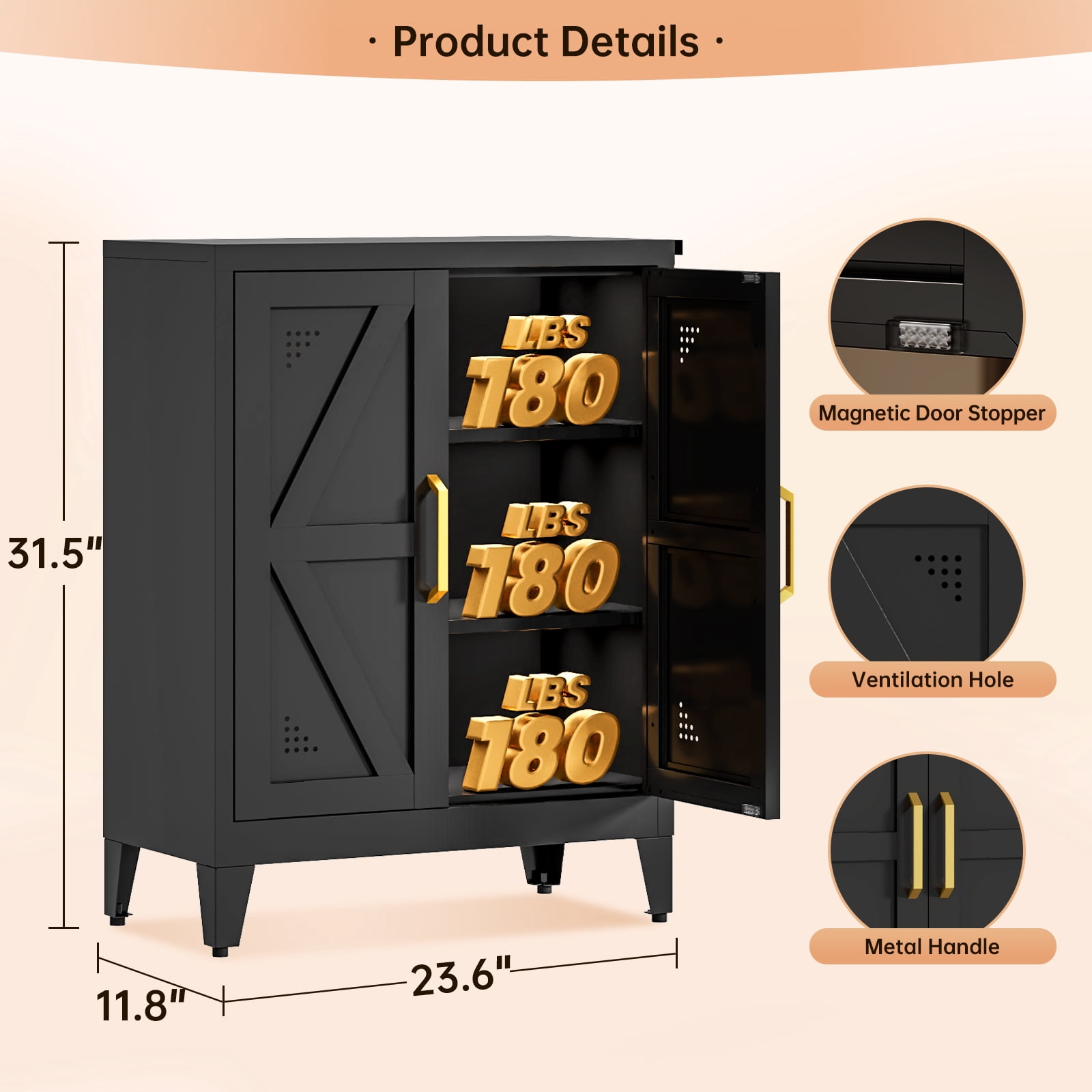 JHYKFG 32"Metal Pantry Storage Cabinet,Freestanding Sideboard with 2 Adjustable Shelves for Small Spaces, Living Room, Hallway, Dining Room,Black