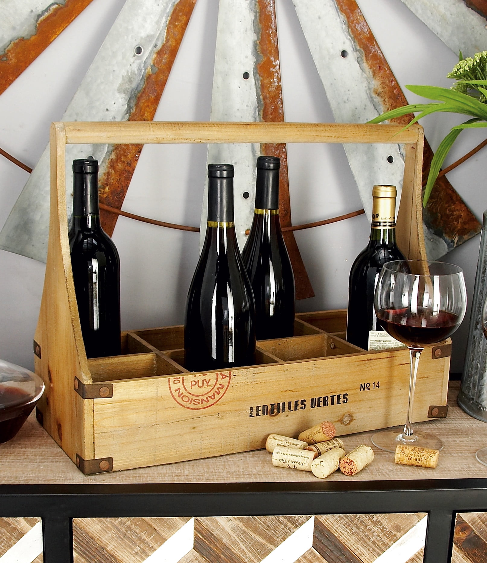 DecMode Farmhouse 14 x 18 inch wooden 8slot wine bottle basket