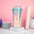 thumbnail image 3 of Shop Uwu Reusable Plastic Cup With Lid And Straw - Double Walled Insulated Cup With Crystal Dome Lid; Cold Drink Tumbler With Straw; Reusable Transparent Iridescent Cups - 560ml, 3 of 5