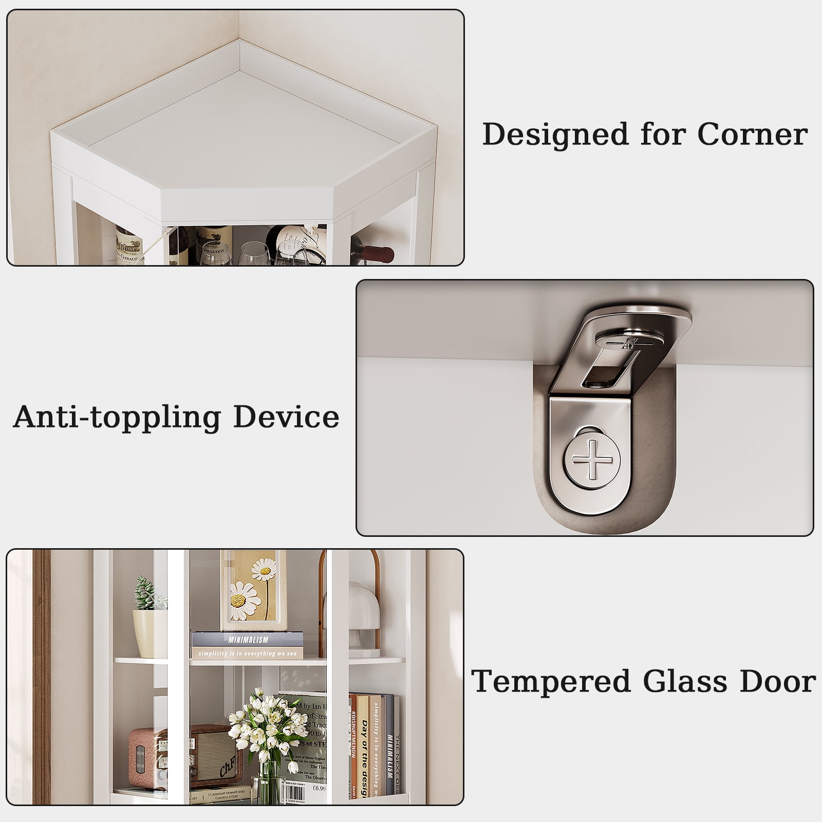 70'' Tall Corner Cabinet with Glass Doors, Modern Display Cabinet for Kitchen, Dining Living Room, Bathroom, White