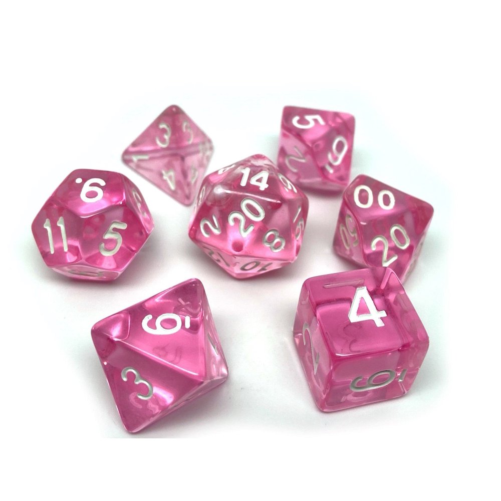 Pink Translucent Dice 7 Piece Set With Bag